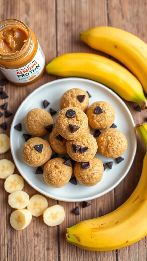 Nutty Almond Butter and Banana Protein Bites Nutty almond butter and banana protein bites on a plate, with banana slices and almond butter jar.